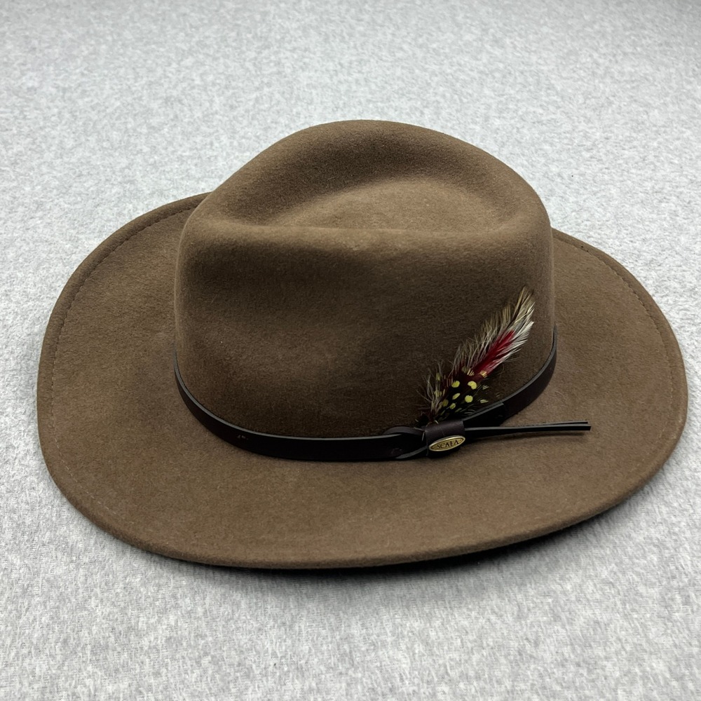 Scala Crushable Felt Outback Hat Men's Large Brown 100% Wool Felt Feather Fedora